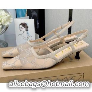 Luxury Cheap Gucci GG Crystal Mesh Slingback Pumps 4.5cm 070988 Apricot 2021