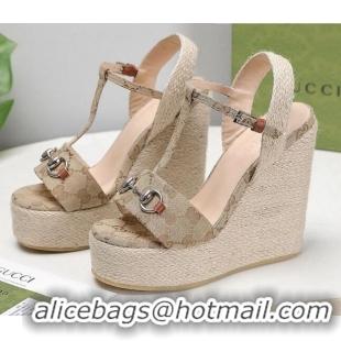 New Style Gucci GG Canvas Wedge Sandals 13cm 071416 Beige 2021