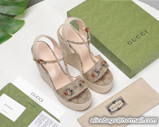 New Style Gucci GG Canvas Wedge Sandals 13cm 071416 Beige 2021