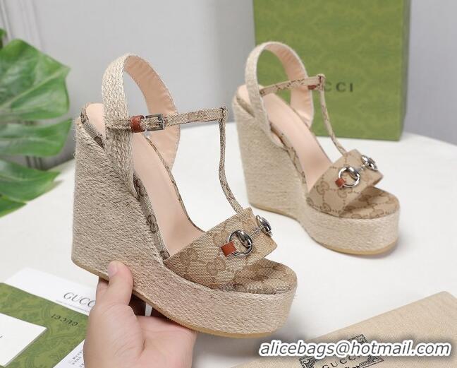 New Style Gucci GG Canvas Wedge Sandals 13cm 071416 Beige 2021