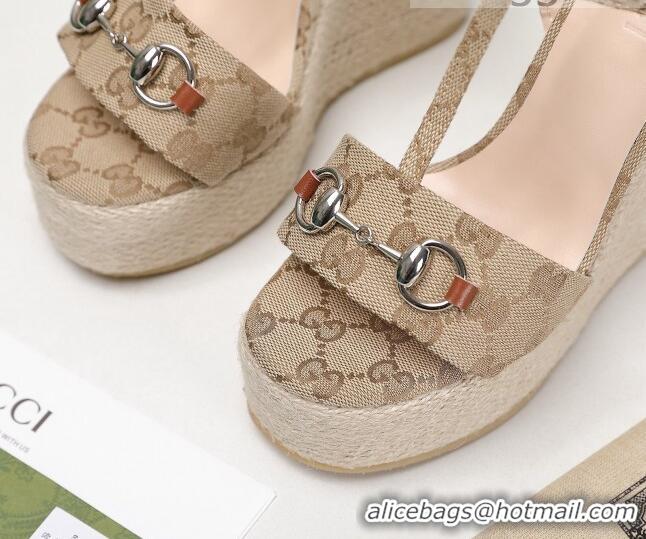 New Style Gucci GG Canvas Wedge Sandals 13cm 071416 Beige 2021