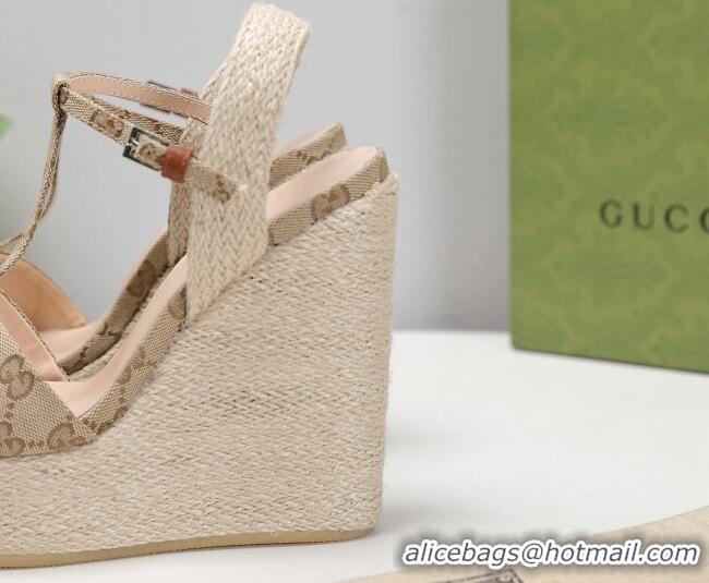 New Style Gucci GG Canvas Wedge Sandals 13cm 071416 Beige 2021