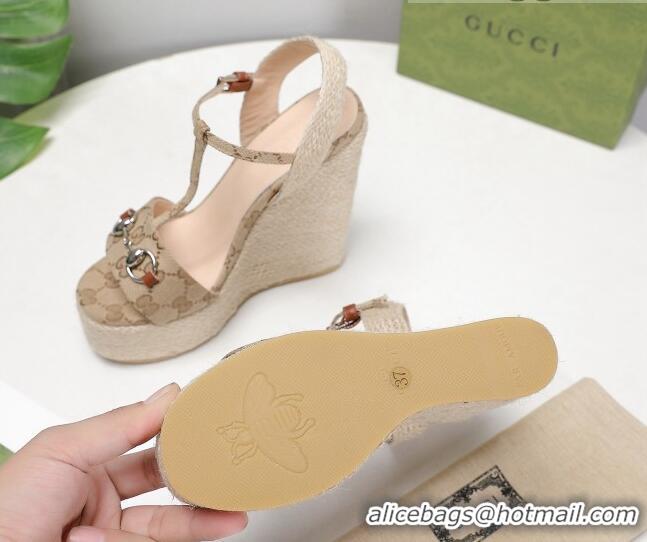 New Style Gucci GG Canvas Wedge Sandals 13cm 071416 Beige 2021