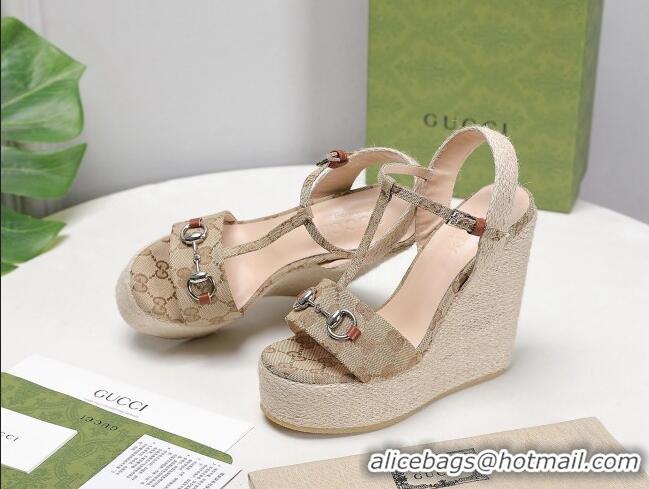 New Style Gucci GG Canvas Wedge Sandals 13cm 071416 Beige 2021