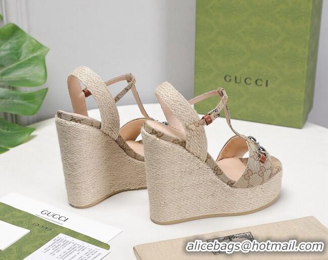 New Style Gucci GG Canvas Wedge Sandals 13cm 071416 Beige 2021