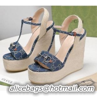 Good Quality Gucci GG Denim Wedge Sandals 13cm 071417 Blue 2021