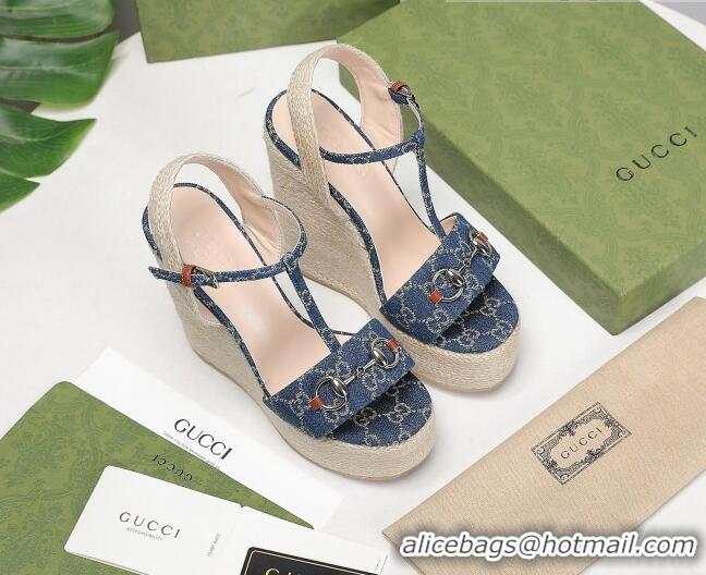 Good Quality Gucci GG Denim Wedge Sandals 13cm 071417 Blue 2021