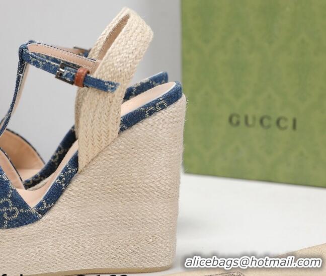 Good Quality Gucci GG Denim Wedge Sandals 13cm 071417 Blue 2021