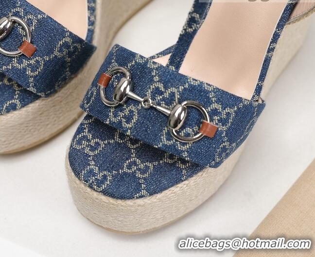 Good Quality Gucci GG Denim Wedge Sandals 13cm 071417 Blue 2021