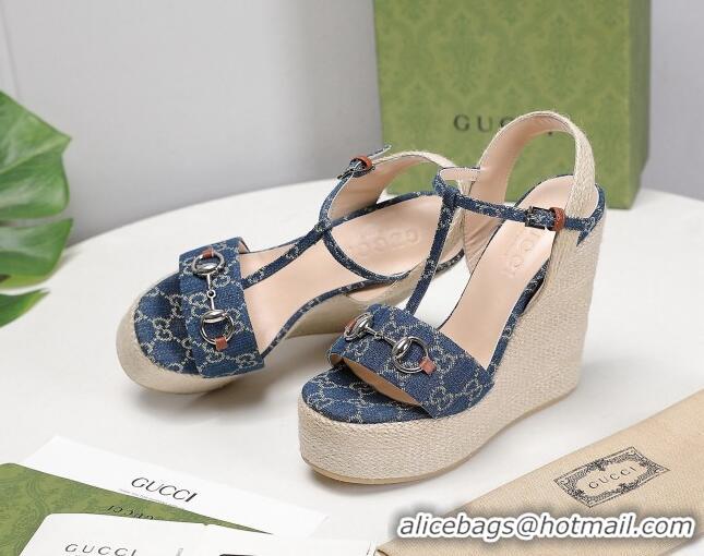 Good Quality Gucci GG Denim Wedge Sandals 13cm 071417 Blue 2021