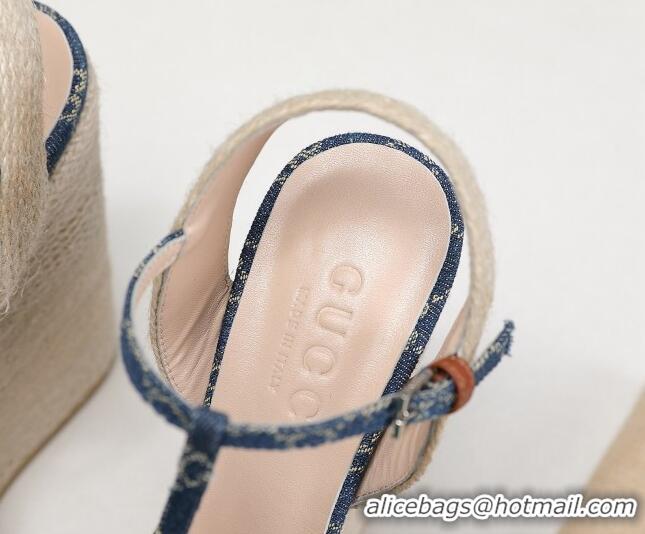 Good Quality Gucci GG Denim Wedge Sandals 13cm 071417 Blue 2021