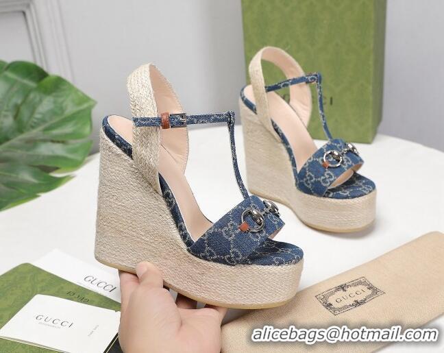 Good Quality Gucci GG Denim Wedge Sandals 13cm 071417 Blue 2021