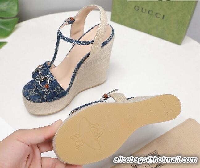 Good Quality Gucci GG Denim Wedge Sandals 13cm 071417 Blue 2021