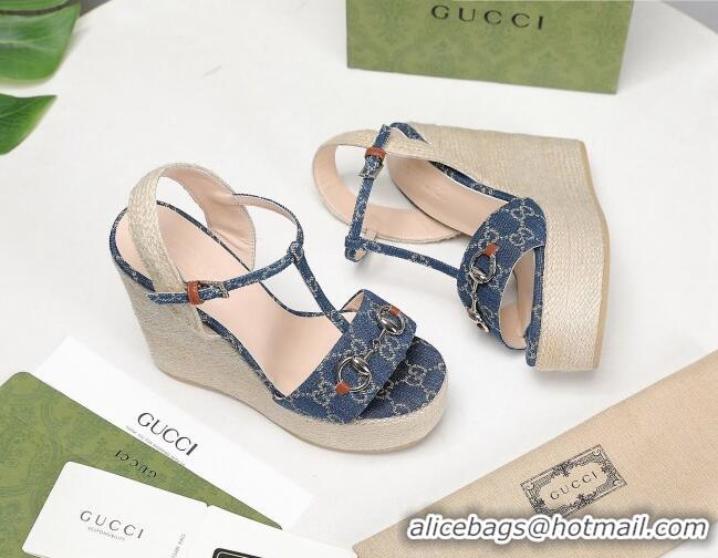 Good Quality Gucci GG Denim Wedge Sandals 13cm 071417 Blue 2021