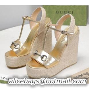 Low Price Gucci Calfskin Wedge Sandals 13cm 071418 Gold 2021