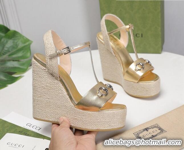 Low Price Gucci Calfskin Wedge Sandals 13cm 071418 Gold 2021