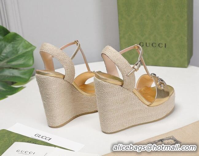 Low Price Gucci Calfskin Wedge Sandals 13cm 071418 Gold 2021