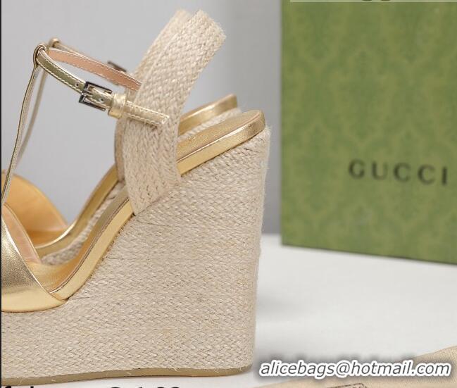 Low Price Gucci Calfskin Wedge Sandals 13cm 071418 Gold 2021