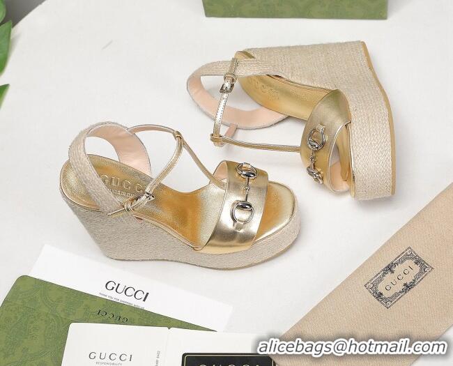 Low Price Gucci Calfskin Wedge Sandals 13cm 071418 Gold 2021