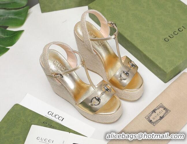 Low Price Gucci Calfskin Wedge Sandals 13cm 071418 Gold 2021