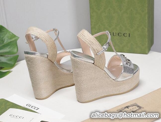 Good Product Gucci Calfskin Wedge Sandals 13cm 071418 Silver 2021