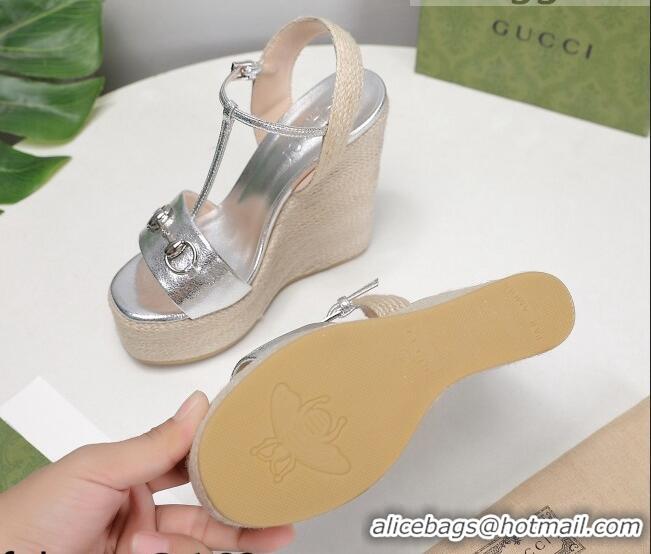 Good Product Gucci Calfskin Wedge Sandals 13cm 071418 Silver 2021