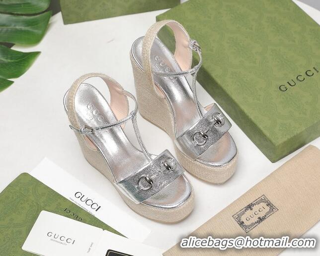 Good Product Gucci Calfskin Wedge Sandals 13cm 071418 Silver 2021