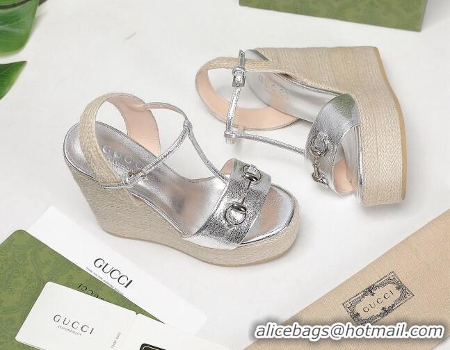 Good Product Gucci Calfskin Wedge Sandals 13cm 071418 Silver 2021