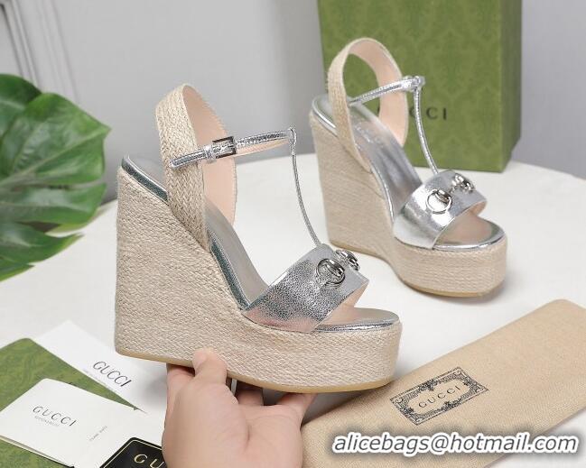 Good Product Gucci Calfskin Wedge Sandals 13cm 071418 Silver 2021