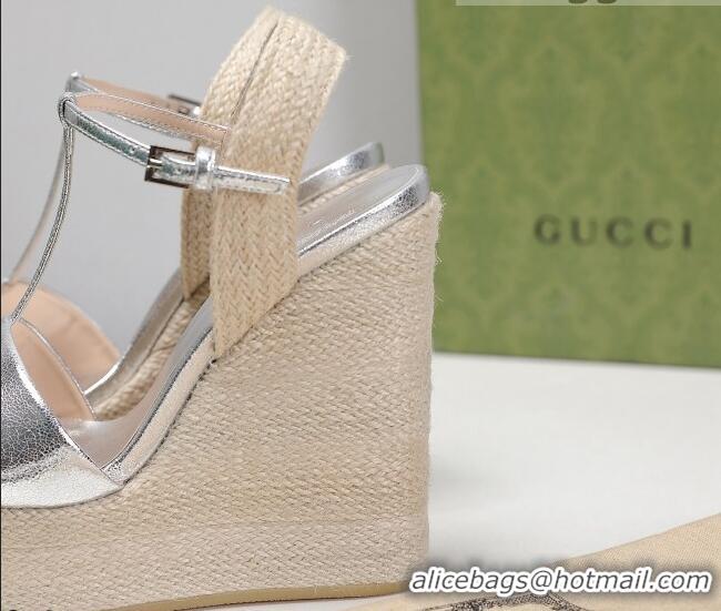 Good Product Gucci Calfskin Wedge Sandals 13cm 071418 Silver 2021