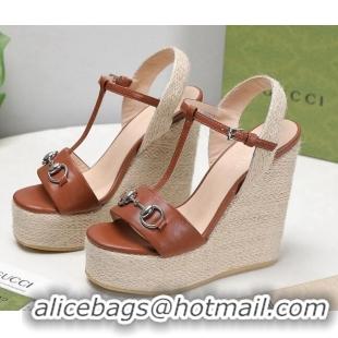  New Fashion Gucci Calfskin Wedge Sandals 13cm 071418 Brown 2021