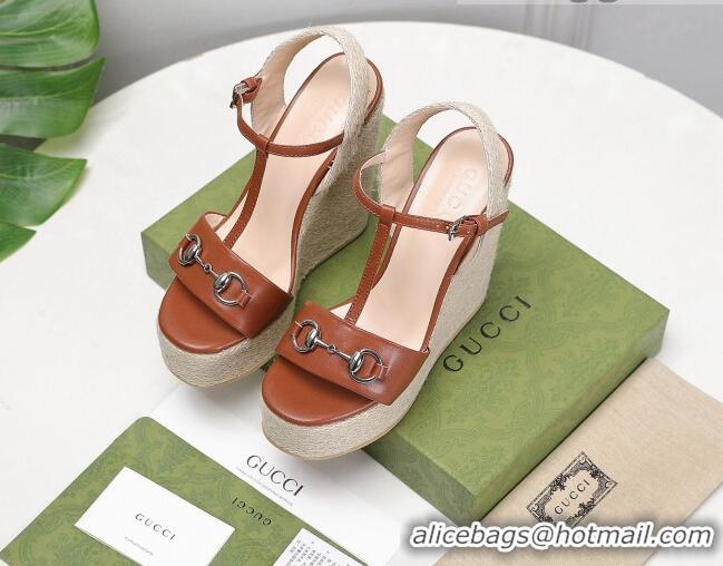  New Fashion Gucci Calfskin Wedge Sandals 13cm 071418 Brown 2021