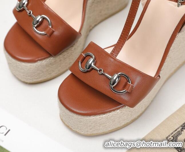  New Fashion Gucci Calfskin Wedge Sandals 13cm 071418 Brown 2021