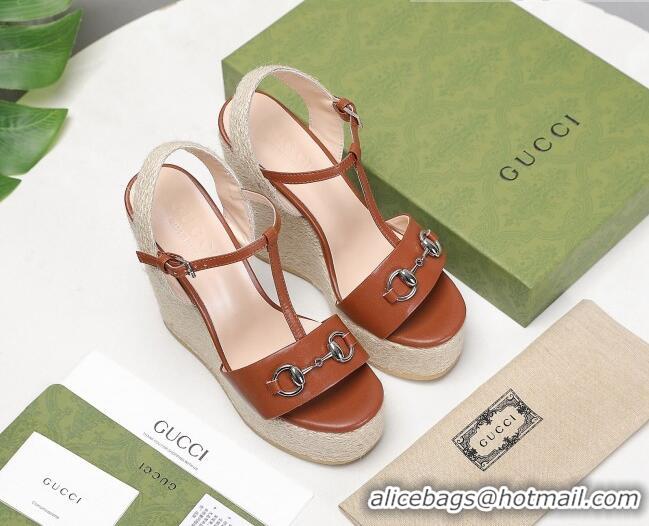  New Fashion Gucci Calfskin Wedge Sandals 13cm 071418 Brown 2021