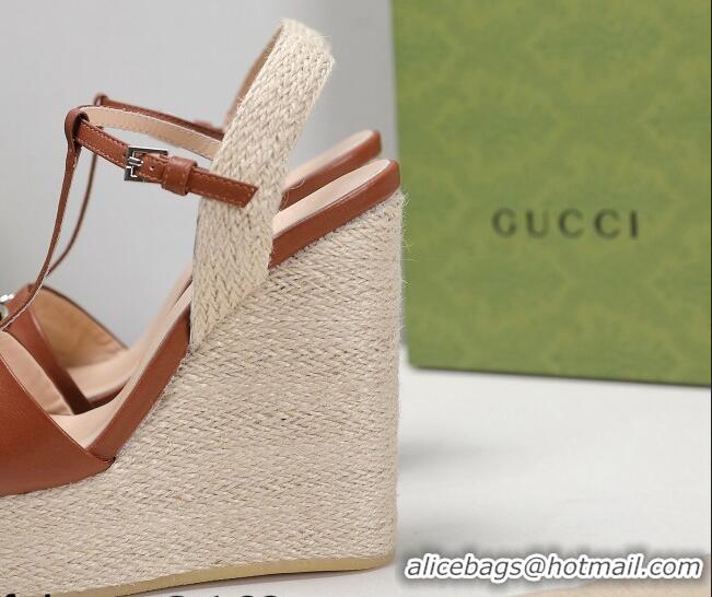  New Fashion Gucci Calfskin Wedge Sandals 13cm 071418 Brown 2021