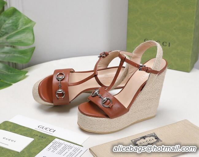  New Fashion Gucci Calfskin Wedge Sandals 13cm 071418 Brown 2021