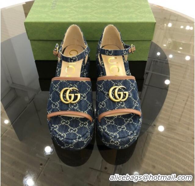 Top Quality Gucci GG Denim Platform Sandals Blue 9cm 071448