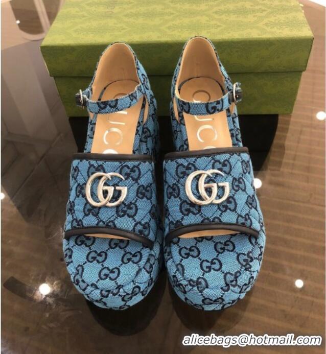 Super Quality Gucci GG Multicolor Canvas Platform Sandals 9cm 071449 Blue