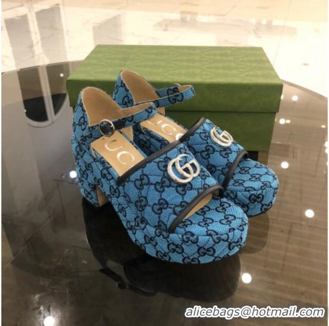 Super Quality Gucci GG Multicolor Canvas Platform Sandals 9cm 071449 Blue