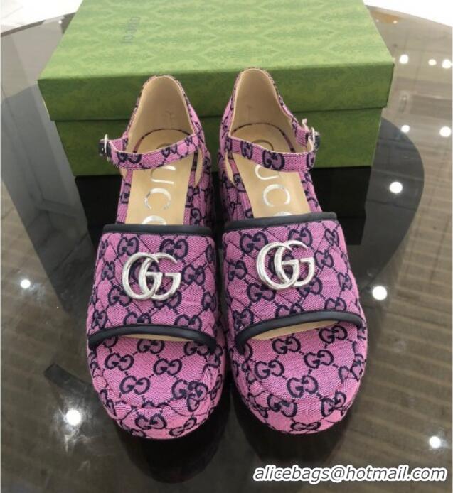 Top Quality Gucci GG Multicolor Canvas Platform Sandals 9cm 071449 Pink