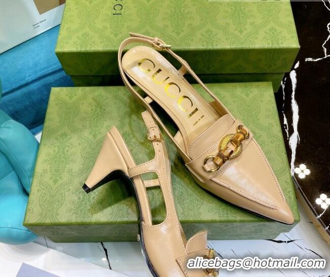 Cute Gucci Lambskin Slingback Pump with Bamboo Horsebit 081038 Apricot 2021