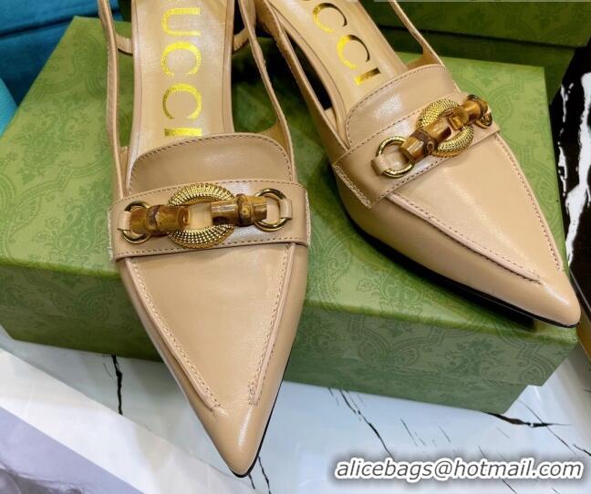 Cute Gucci Lambskin Slingback Pump with Bamboo Horsebit 081038 Apricot 2021