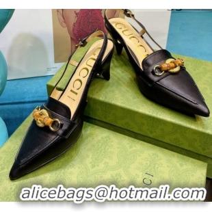 New Design Gucci Lambskin Slingback Pump with Bamboo Horsebit 081038 Black 2021