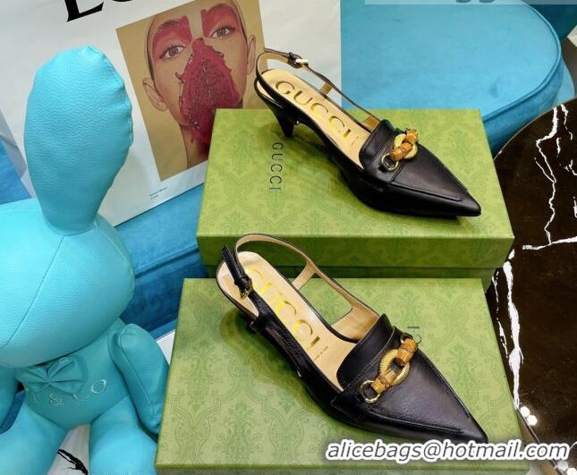 New Design Gucci Lambskin Slingback Pump with Bamboo Horsebit 081038 Black 2021