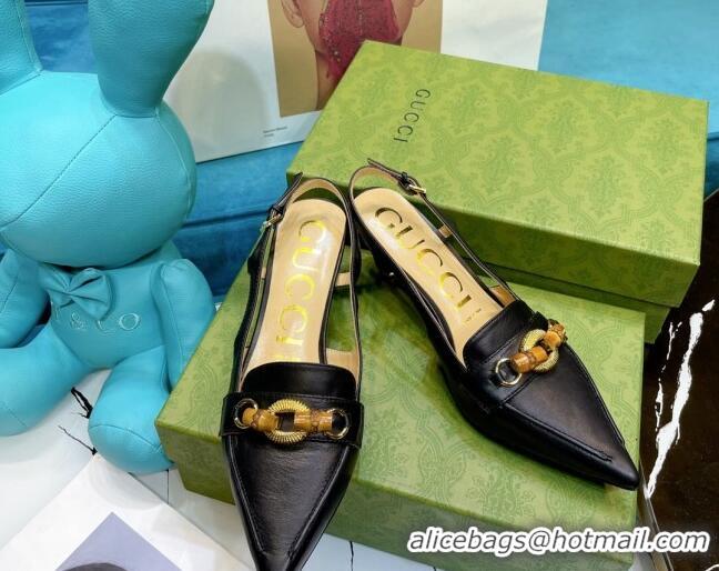 New Design Gucci Lambskin Slingback Pump with Bamboo Horsebit 081038 Black 2021