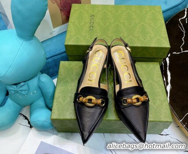 New Design Gucci Lambskin Slingback Pump with Bamboo Horsebit 081038 Black 2021