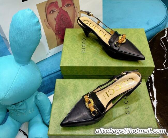 New Design Gucci Lambskin Slingback Pump with Bamboo Horsebit 081038 Black 2021