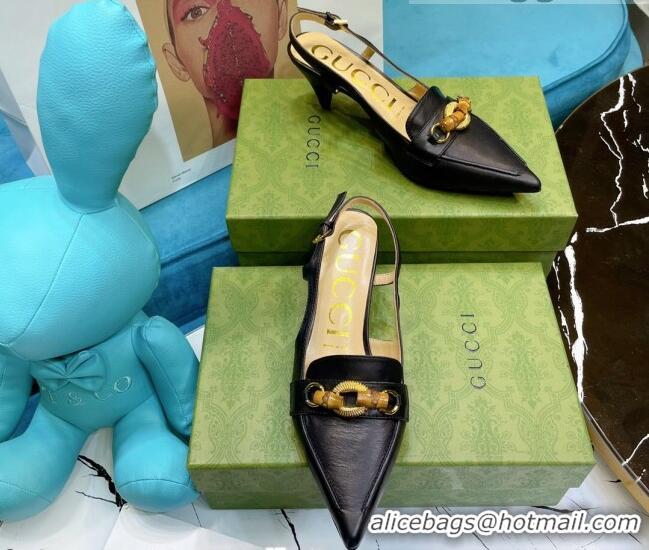 New Design Gucci Lambskin Slingback Pump with Bamboo Horsebit 081038 Black 2021