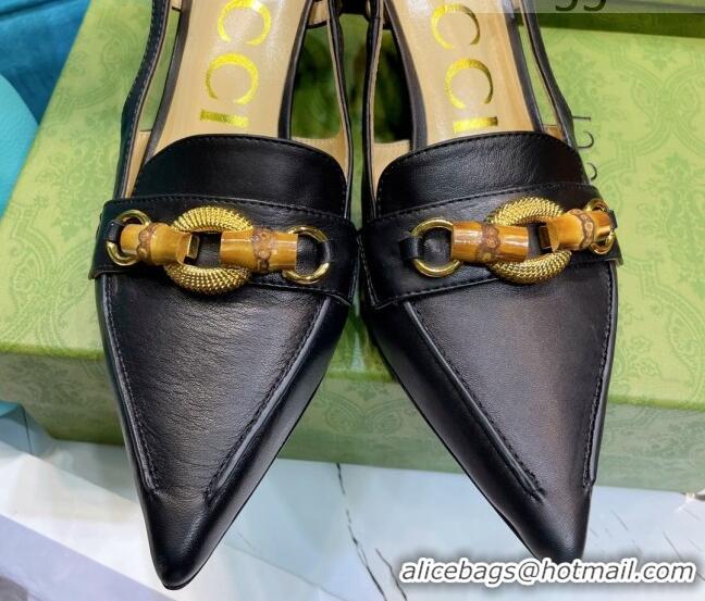 New Design Gucci Lambskin Slingback Pump with Bamboo Horsebit 081038 Black 2021