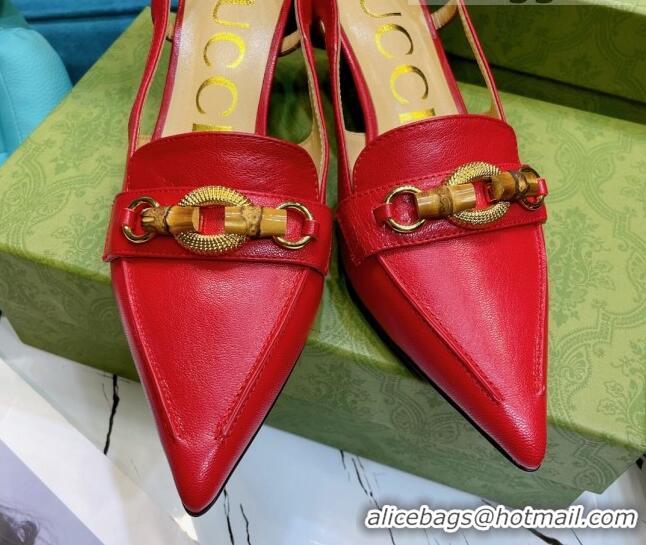 Best Luxury Gucci Lambskin Slingback Pump with Bamboo Horsebit 081038 Red 2021